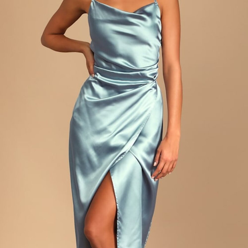 Lulus Hollywood Woman Dusty Blue Satin Midi Dress - Size S